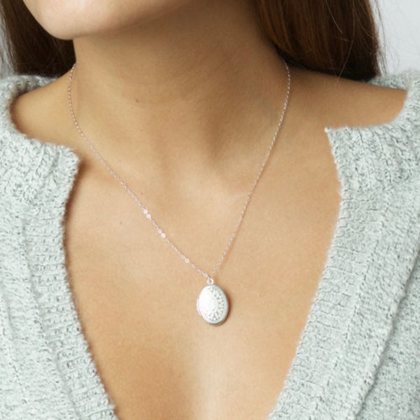 Kleine weiße Medaillon Halskette, lange Sterling Silber Halskette Kette, Sterling Silber Halskette, Geschenk für sie, zierliche Medaillon