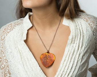 Long Copper Leaf Necklace, Aspen Leaf Pendant Leaves, Pendant Heart Necklace, Organic Leaf Necklace, Autumn Orange Jewelry, Necklace for Mom