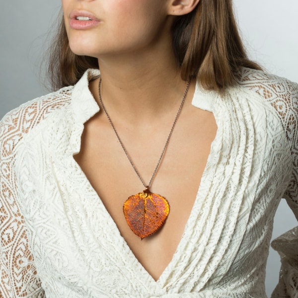 Long Copper Leaf Necklace, Leaf Peeping Aspen Pendant, Pendant Heart Necklace, Organic Leaves Necklace, Autumn Jewelry, Necklace for Mom