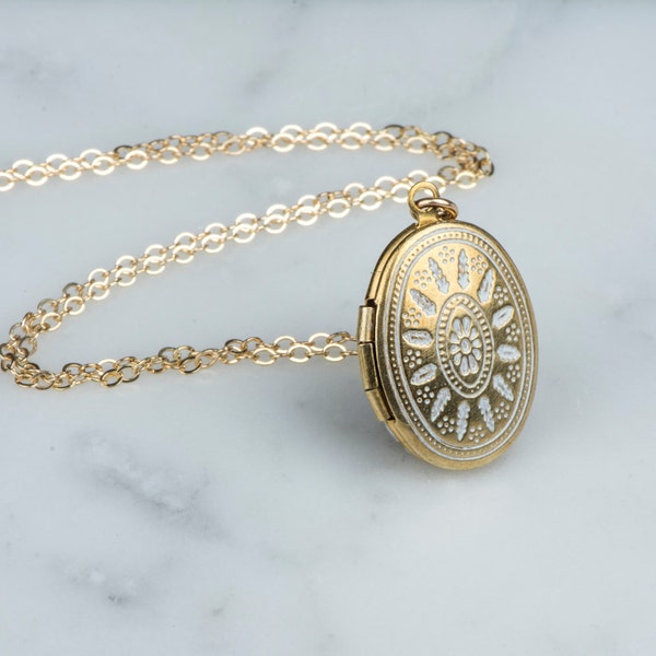 Gift Idea for Women Simple Small Necklace with White Ornate Locket, Necklace for Women, Small Locket, Delicate Locket Gold Chain, Simple