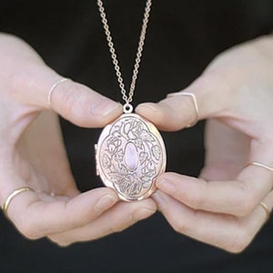 Gift Idea for Mom, Antiqued Rose Gold Locket Necklace, Large Floral Roses Pendant with Long Rose Gold Chain, Birthday Gift for Her
