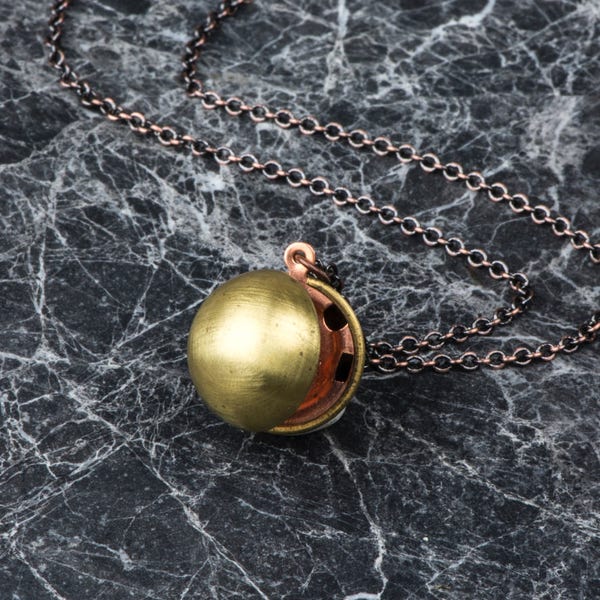 Copper Ball Locket, Small Sphere Necklace, Long Chain with Circle Pendant, Ball Locket, Round Pendant, Small Sphere, Antique Gold Locket