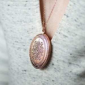 Long Rose Gold Necklace, Floral Jewelry, Large Rose Gold Locket, Oval Locket Flowers Long Chain, Huge Rose Locket image 2