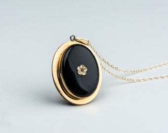 Long Gold and Black Oval Locket Necklace with Diamond Chip Center and Long Chain, Antique Necklace, Black and Gold Jewelry Minimalist, Photo