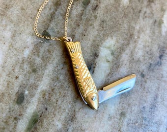 Tiny Fish Knife Necklace, Unisex Fish Pocket Knife Jewelry, Small Men&#39;s Pendant Knife, Gift Fly Fishing Jewelery, Two Tone Fisherman