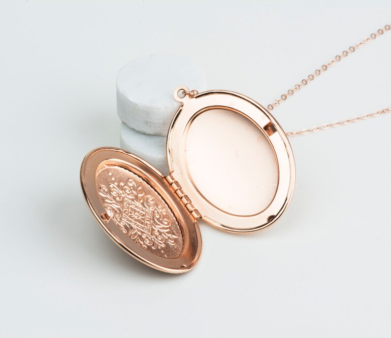 Long Rose Gold Necklace, Floral Jewelry, Large Rose Gold Locket, Oval Locket Flowers Long Chain, Huge Rose Locket image 5