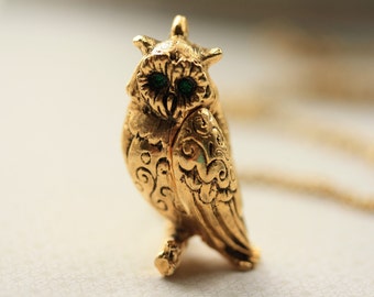 Long Owl Locket Necklace, Floral Owl Jewelry, Large Bird Locket, Long Owl Necklace, Owl Pendant, Emerald Green Eyes Antique Max Factor