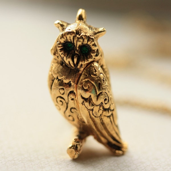 Long Owl Locket Necklace, Floral Owl Jewelry, Large Bird Locket, Long Owl Necklace, Owl Pendant, Emerald Green Eyes Antique Max Factor