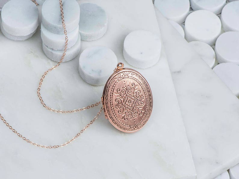 Long Rose Gold Necklace, Floral Jewelry, Large Rose Gold Locket, Oval Locket Flowers Long Chain, Huge Rose Locket image 7