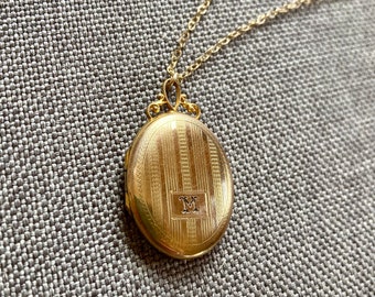 Antique Letter M Locket Gold Filled Necklace, Initial M Necklace with Stripes, Monogram M Oval Locket Necklace, M Pendant Victorian