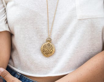 Large Vintage Necklace, Raised Flowers Gold Locket Pendant on Long Gold Chain, Push Button Style, Necklace Jewelry, Vintage Gold Locket