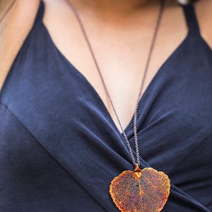 Long Copper Leaf Necklace, Aspen Leaf Pendant Leaves, Pendant Heart Necklace, Organic Leaf Necklace, Autumn Orange Jewelry, Necklace for Mom image 9