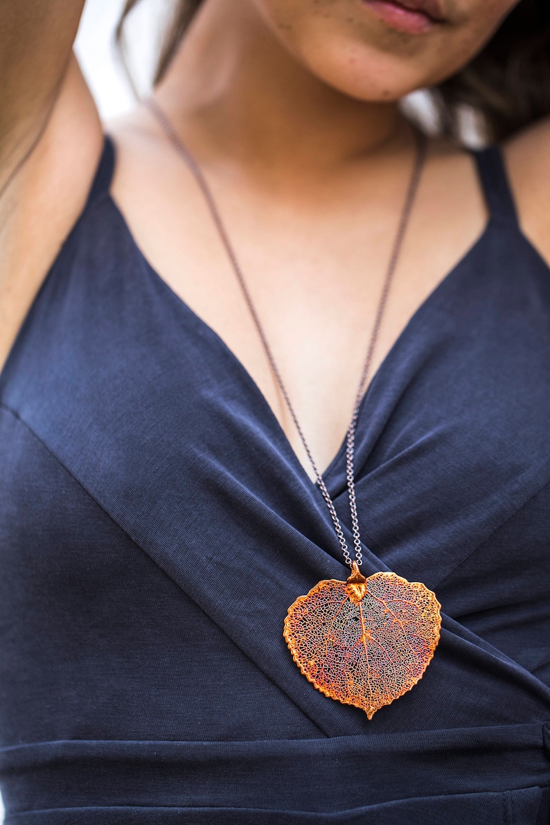 Long Copper Leaf Necklace, Aspen Leaf Pendant Leaves, Pendant Heart Necklace, Organic Leaf Necklace, Autumn Orange Jewelry, Necklace for Mom image 9