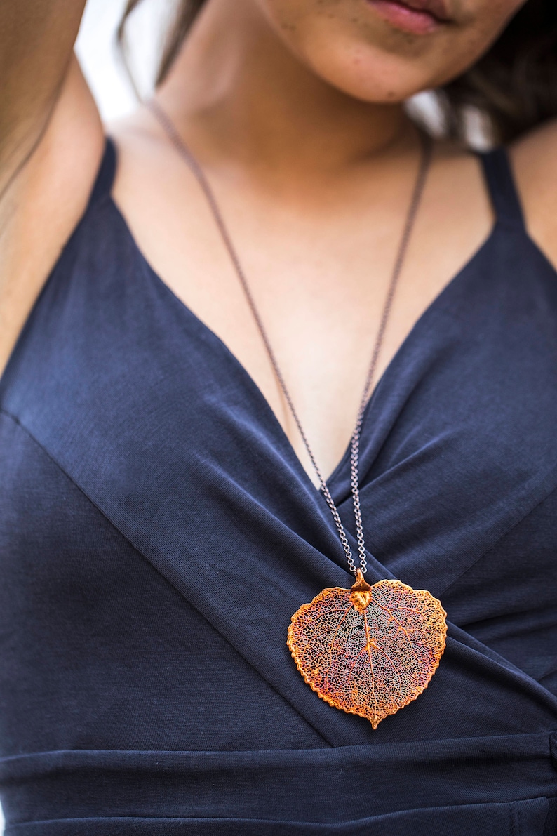 Pendant Heart Necklace Aspen Leaf Pendant Leaves Autumn Orange Jewelry Gift for Mothers Organic Leaf Necklace Long Copper Leaf Necklace