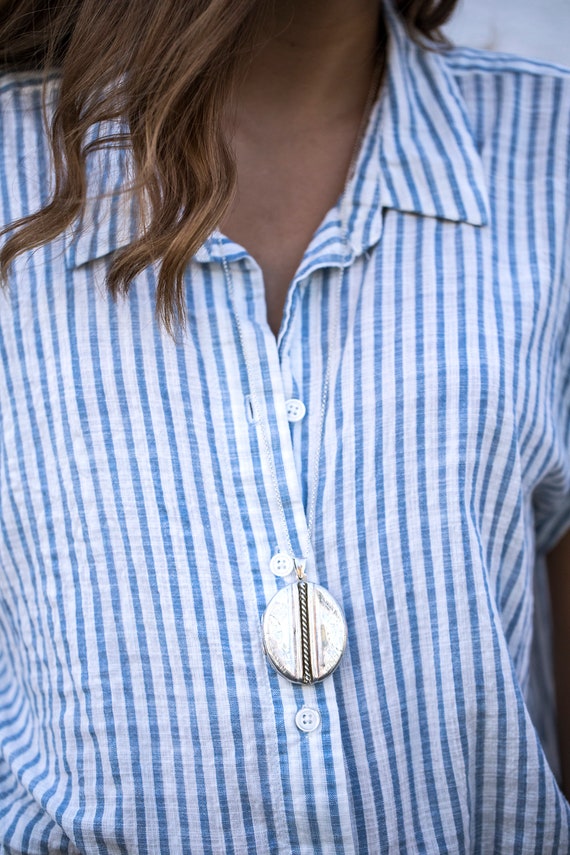 Antique Huge Sterling Silver Locket Necklace with… - image 2