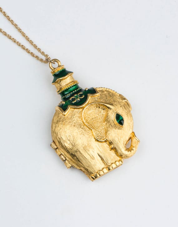 Vintage Gold Elephant Locket Necklace, Long Elepha