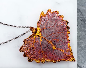 Leaf Pendant Necklace, Nature Jewelry, Long Necklace, Large Dipped Copper Cottonwood, Red Heart Real Leaf Jewelry, Long Chain Necklace