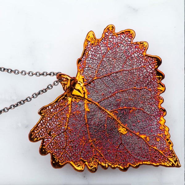 Leaf Pendant Necklace, Nature Jewelry, Long Necklace, Large Dipped Copper Cottonwood, Red Heart Real Leaf Jewelry, Long Chain Necklace