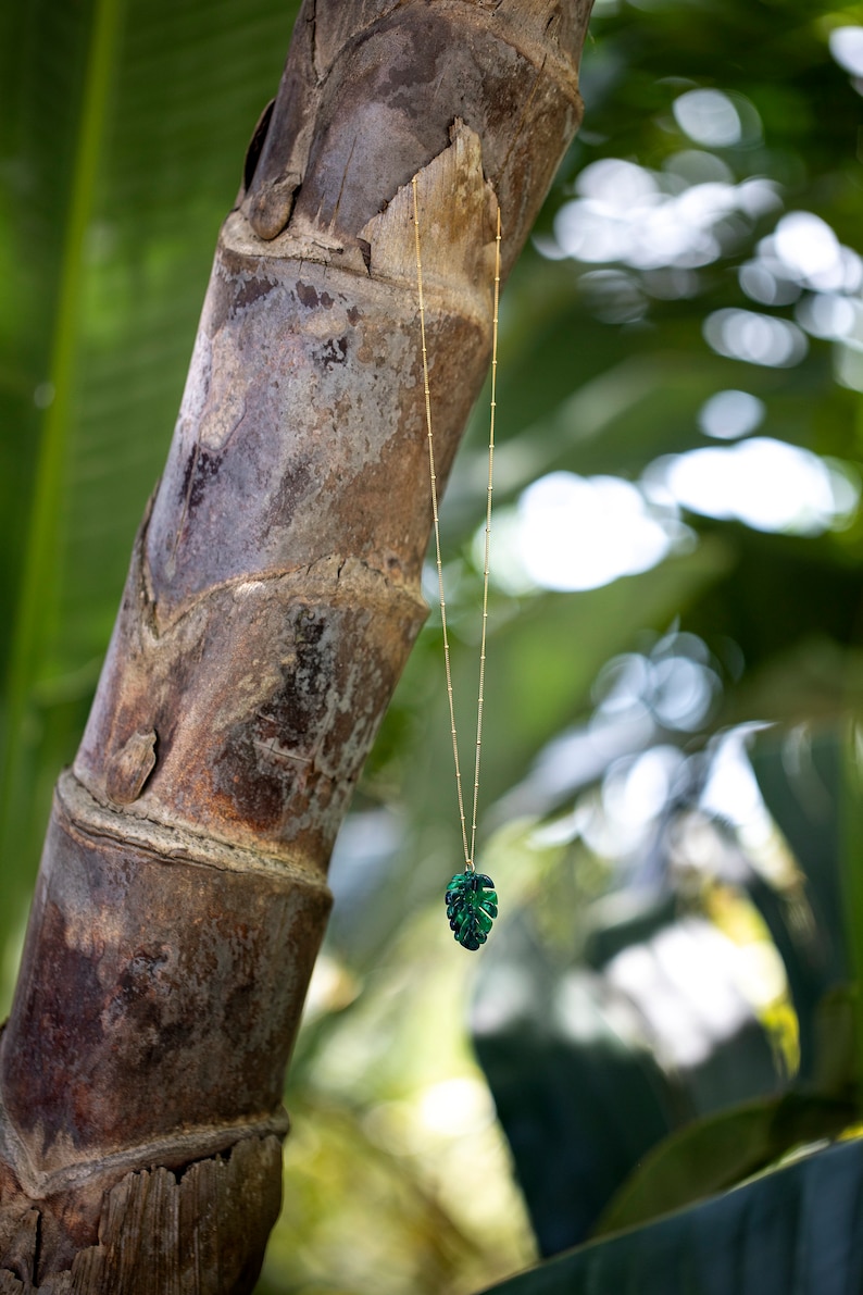 Monstera Leaf Necklace on 14kt Gold Fill Beaded Chain, Tropical Pendant Gold Plant Jewelry, Lucite Emerald Leaves, Satellite Chain, Trendy image 9