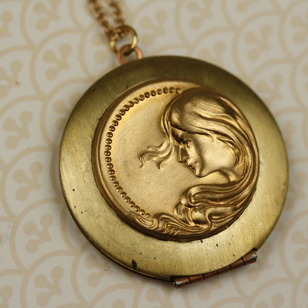 Vintage Goddess Locket Necklace, Large Pendant, Long Gold Chain, Art Nouveau Style, Woman Silhouette