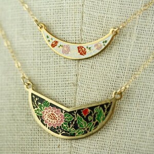 Vintage Bib Necklaces, Pink Small Choker Necklace Set, Enamel Collar Necklace, Layered Necklace Set, Floral Crescent Moon Pendant image 9