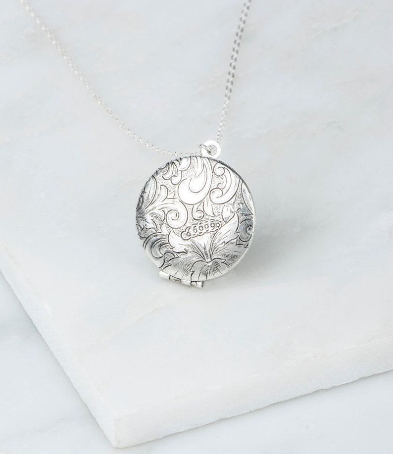 Floral Silver Round Locket, Silver Locket with Sterling Silver Chain, Long Silver Necklace, Everyday Locket, Photo Insert Locket image 2