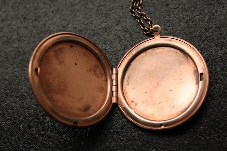 Antique Copper Locket, Large Necklace, Long Copper Necklace, Large Locket Pendant, Antique Round Locket, Simple Locket Pink image 5