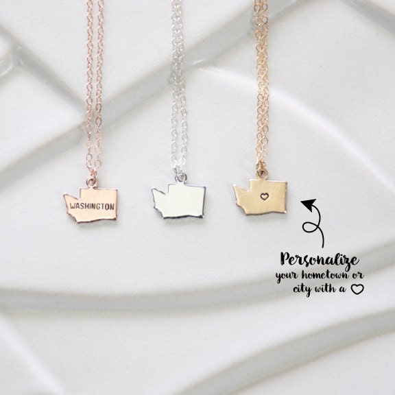 Tiny Gold Washington Charm Necklace, Miniature State Washington Necklace, Small Necklace, Silver State, Gold State with Heart, bracelet