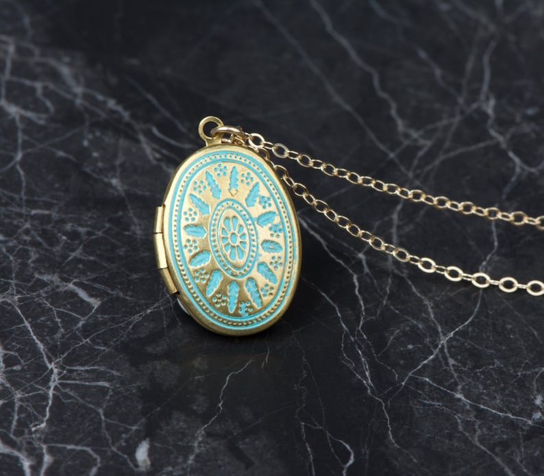 Ornate Turquoise Small Gold Locket Necklace, Long Oval Locket Blue Necklace, Necklace Small Locket Pendent, Small Blue Locket Necklace Gift 