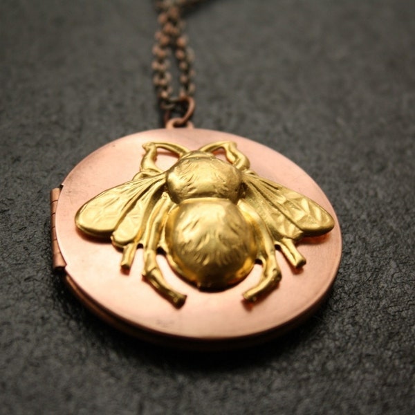 Bee Locket, Honey Bee Necklace, Long Copper Locket, Bee Keeper Necklace, Brass Bee Pendant Necklace, Bee Jewelry, Large Antique Locket