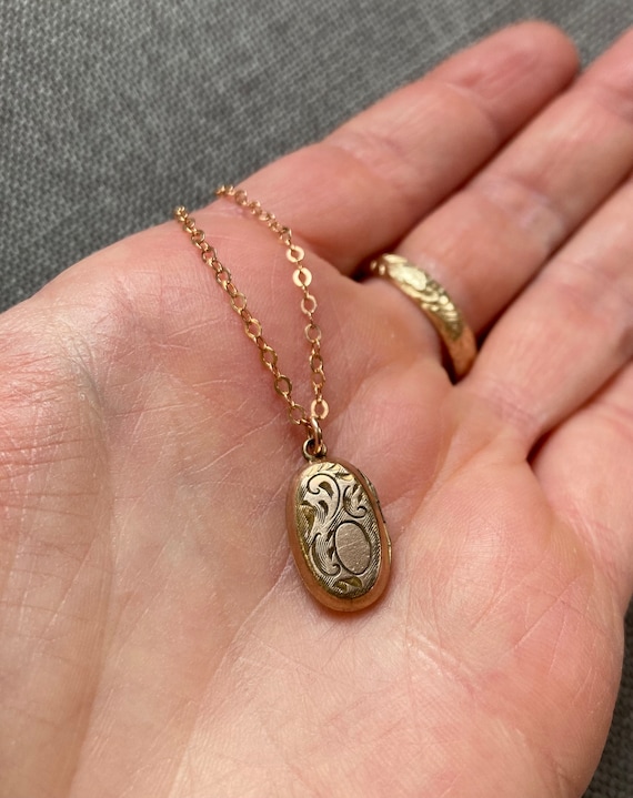 Tiny Rose Gold Filled Antique Oval Locket, Two Pho