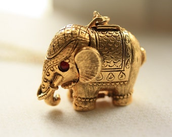 Vintage Elephant Locket, Long Necklace Gold Elephant, Red Eyes, Circus Animal Locket, Antique Elephant Jewelry, Pill Box Necklace