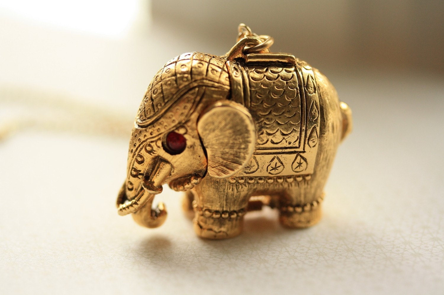 Vintage Elephant Locket Long Necklace Gold Elephant Red Eyes