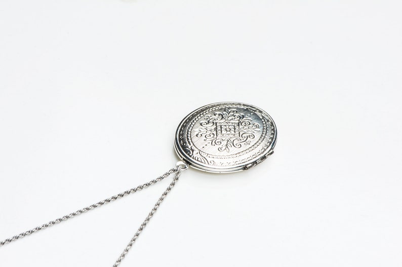Silver Locket Necklace, Long Necklace, Long Necklace, Ornate Pendant, Large Locket Necklace, Antique Silver Locket Style, Trifari image 2