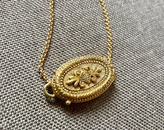 Fleur De Lis Locket, Gold Flower Necklace, Long Chain Necklace for Women, Small Unique Locket, Oval Locket Jewelry, Art Nouveau Locket
