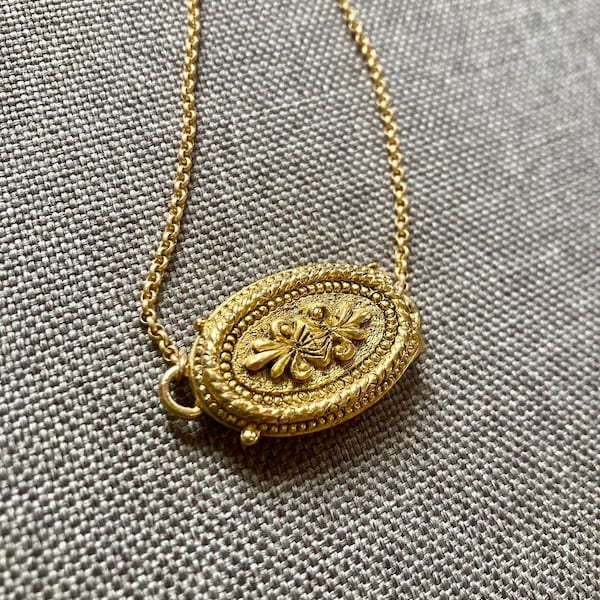 Fleur De Lis Locket, Gold Flower Necklace, Long Chain Necklace for Women, Small Unique Locket, Oval Locket Jewelry, Art Nouveau Locket