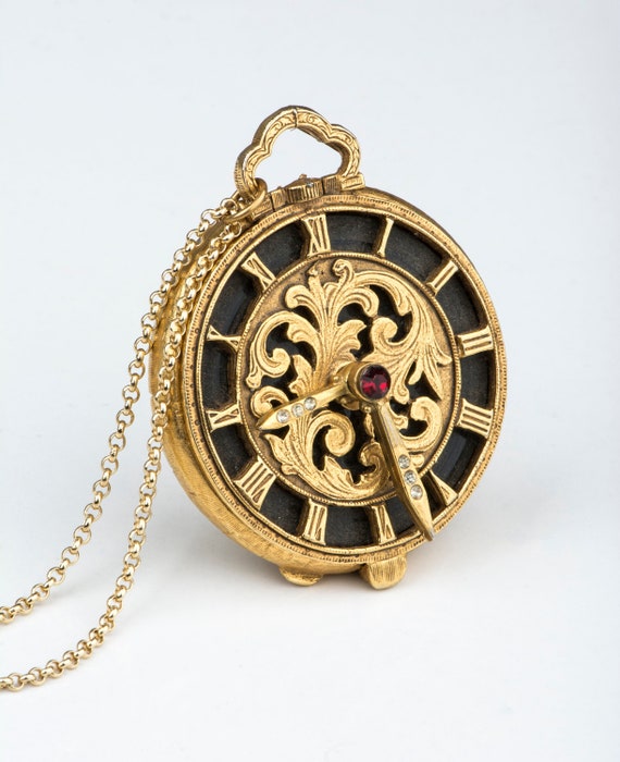 Antique Watch Locket Necklace, Red Stone Necklace,