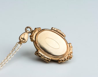 Unique Victorian Gold Filled Oval Locket with Circular Crest Design, Floral Geometric Shape, Antique Locket Gold