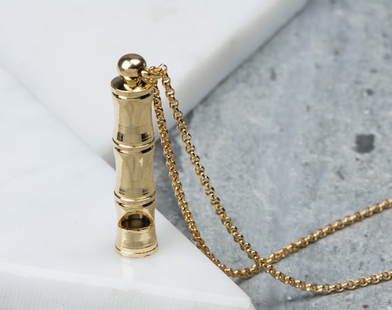 Bamboo Whistle Necklace Long Gold Metal 