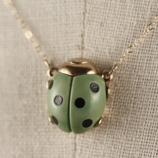 Vintage Gold Ladybug Necklace, Small Black and Green Mod, Miniature Insect, Polka Dot Pendant, 14kt Gold FIlled Chain, Little Bug Jewelry
