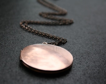 Antique Copper Locket, Large Necklace, Long Copper Necklace, Large Locket Pendant, Antique Round Locket, Simple Locket Pink