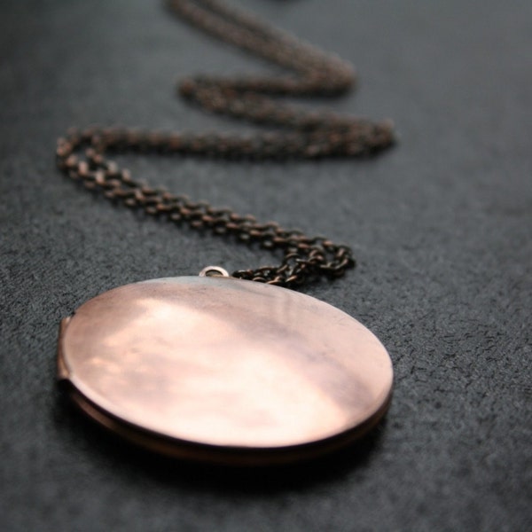 Antique Copper Locket, Large Necklace, Long Copper Necklace, Large Locket Pendant, Antique Round Locket, Simple Locket Pink