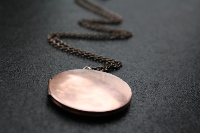 Antique Copper Locket, Large Necklace, Long Copper Necklace, Large Locket Pendant, Antique Round Locket, Simple Locket Pink image 1