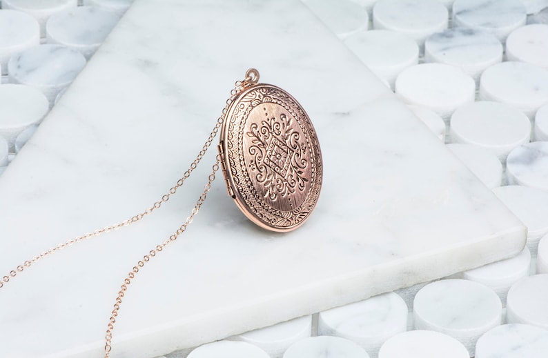 Long Rose Gold Necklace, Floral Jewelry, Large Rose Gold Locket, Oval Locket Flowers Long Chain, Huge Rose Locket image 3