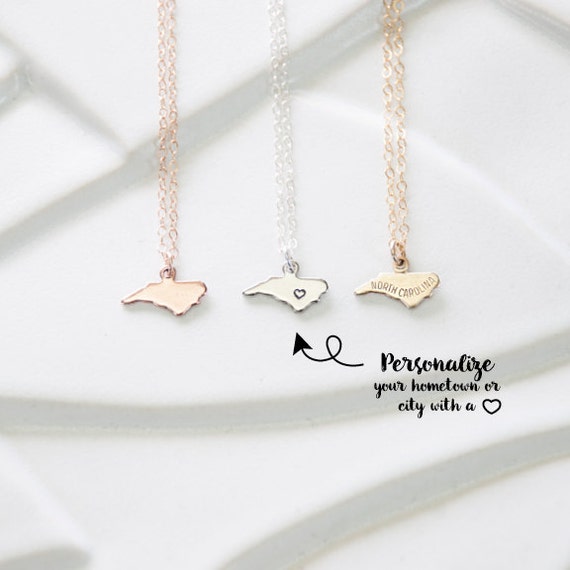 Tiny Rose Gold Necklace with North Carolina Pendant, Chapel Hill Graduation Gift Female, Charm Bracelet Rose Gold State Necklace