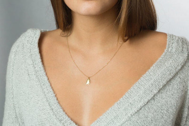 May include: A gold chain necklace with a small letter A pendant.