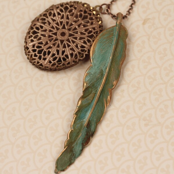 RESERVED - Blue Feather and Oval Filigree Locket Necklace, Large, Long Vintage Silhouette, Peacock Pendant, Floral Vines, Copper