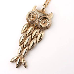 Vintage Owl Necklace, Movable Gold Owl Pendant, Whimsical Owl Jewelry Long Gold Chain, Antique Pendant, Patterned Large Bird image 1