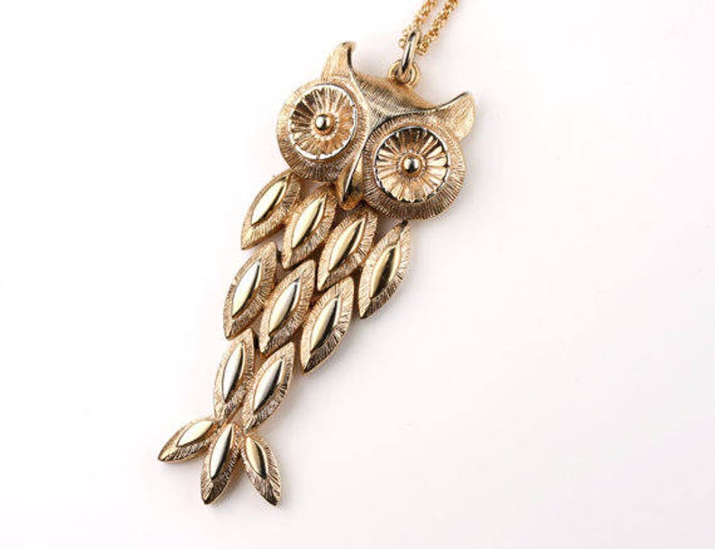 Vintage Owl Necklace, Movable Gold Owl Pendant, Whimsical Owl Jewelry Long Gold Chain, Antique Pendant, Patterned Large Bird image 1