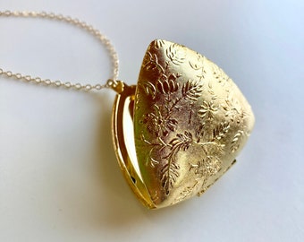 Long Gold Sunflower Locket Triangle Necklace, Daisies Bridesmaid Jewelry, Floral Bridal Locket Triangle, Unique Shape Pendant Locket